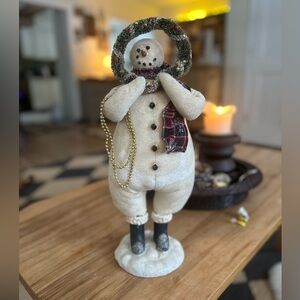 Cody Foster Snowman with Plaid Scarf and Gold garland primitive chip on nose 15”